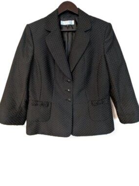 Vintage Tahari ASL Black Textured Jacquard Peplum Blazer Bow Pocket Jacket